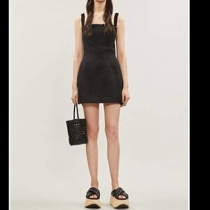 Reformation Janie Linen Mini Dress Size 6 Black Sleeveless Smocked Square Neck